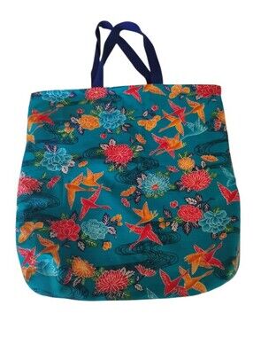 Handmade Shopping  Colorful Fabric Reversible Teal Floral & Bird Canvas  Bag